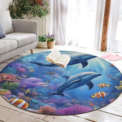 Home Decor Non Slip Kitchen Office Circle Rug, Machine Washable Modern Round Area Rug, Room Sofa Yoga Soft Round Carpet Sea Underwater Beautiful Sea World Dolphins, 60inch