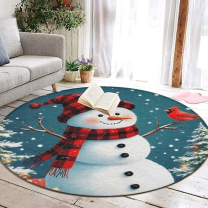 Soft Round Yoga Carpet, Office Chair Decor Round Mat for Carpet and Hardwood Floors Christmas Snowman
