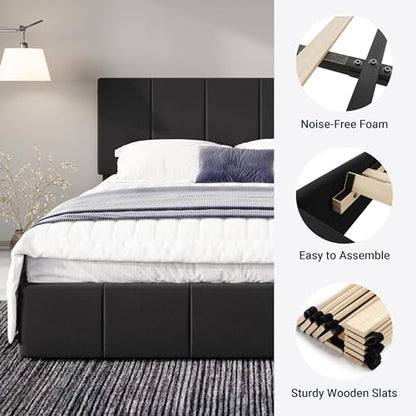 Full Size Dutch Velvet Upholstered Platform Bed Frame/Vertical Channel Tufted Adjustable Headboard/Low Profile Bed Frame/No Box Spring Needed/Easy Assembly/Black