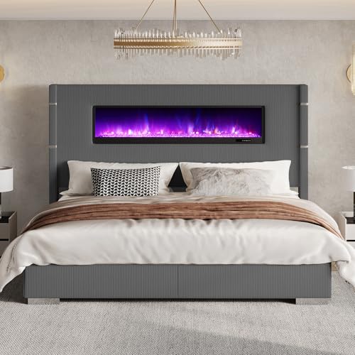 King Bed Frame with Fireplace, Upholstered Headboard, Dark Gray