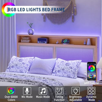 Queen Rattan Bed Charging Station LED Bohemian Bedroom