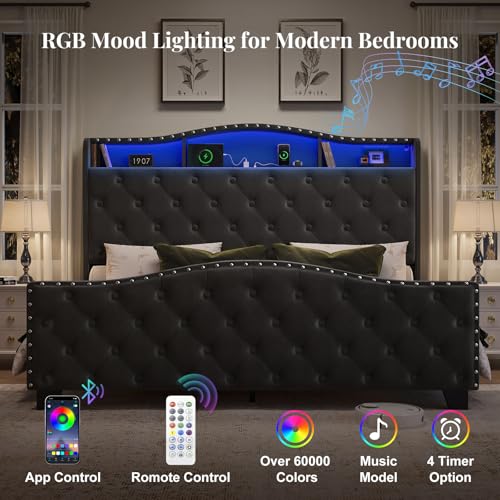 Queen Size Platform Bed Frame with 50.9" LED Headboard, Black