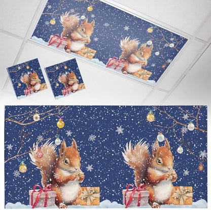 2 Pcs Fluorescent Light Covers for Ceiling Lights,Christmas Squirrel Winter Snowflake,Magnetic Light Filters Drop Fluorescent Lights Shade for Office Xmas Ball Dark Blue