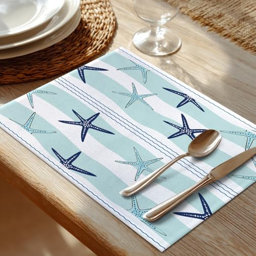 Shrahala Duotone Blue Nautical Starfish Placemats, Dark Blue Coastal Stripe Table Mat Linen Burlap Washable Double-Deck Heat Insulation for Dining Table Kitchen Table Set of 4 (12 x 18 inch)