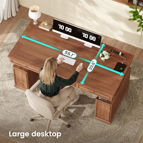 55.1" Farmhouse Executive Electric Standing Desk with 3 Drawers