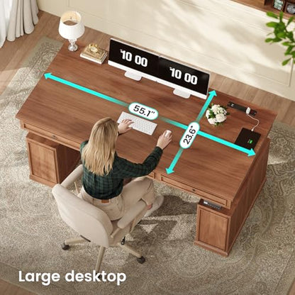 55.1" Farmhouse Executive Electric Standing Desk with 3 Drawers