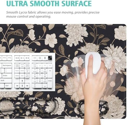 Floral Large Mouse Pad with Wrist Support Set of 4,Large Gaming Mouse Pad+Keyboard Rest+Mouse Wrist Rest+Coaster,Ergonomic Mouse mat,Anti-Slip,Memory Foam Desk Mat for Home Office Gaming (Rose)