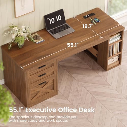 55.1" Farmhouse Executive Office Desk with 3 Drawers for Home Office