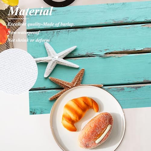 Shrahala Antique Rustic Teal Blue Set of 6 12 X 18 Inch Linen Placemats, Gold and White Starfish in Sand Border On Burlap Table Mat Washable Double Layered Heat Insulation for Indoor/Outdoor