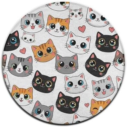 Fashion Round Area Rug Large Non Slip Carpet, Cute Cat Kitten Head Cartoon Cats Unisex Home Decor Mat, 60inch