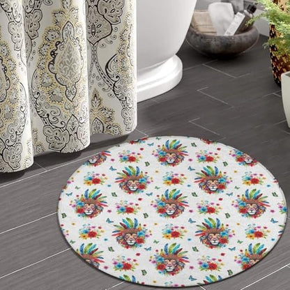 Large Home Decor Mat, Soft Round Yoga Carpet, Non Slip Machine Washable Home Office Circle Rug Colorful Lion Flowers Floral White Art, 36inch