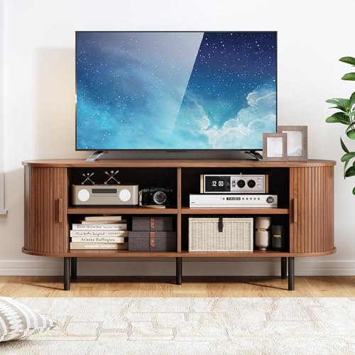 55" Mid Century Modern TV Stand with Sliding Doors for 60" TV