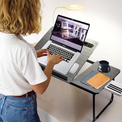 CloudTrip Plus XL Adjustable Laptop Desk with Light, USB Port, iPad Holder, Drawer Storage - Larger 23.6IN Adjustable Lap Desk for Bed, Home Office, Breakfast Tray, Fordable Legs Desk (Walnut)