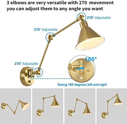 TRLIFE Wall Sconces Plug in, Dimmable Wall Sconces Brushed Brass Swing Arm Wall Lights Plug in Wall Mounted Light Industrial Wall Lights with 6FT Plug in Cord, E26 Base, UL Listed(Two Arms, 2 Pack)
