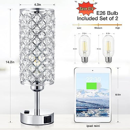 Silver Crystal Lamps Set of 2, 3-Way Dimmable Touch Lamps for Nightstand