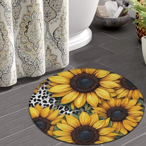 Large Round Area Rug Home Decor Modern Bathroom Rug Kitchen Office Circle Rug for Living Room Sofa Circle Cute Mat 80s Vintage Cow Print Sunflowers, 36inch