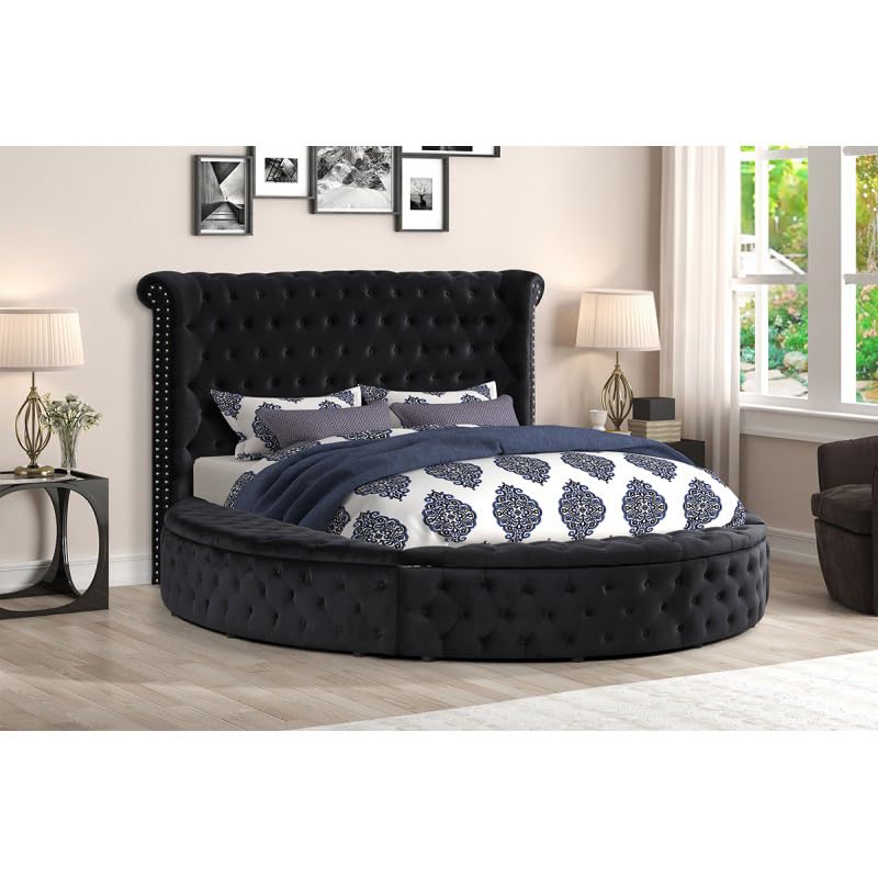 Velvet Tufted Platform Storage Bed, Circle Bed with Button Tufting, Storage Compartments in Rails and Footboard (Black, Eastern King)