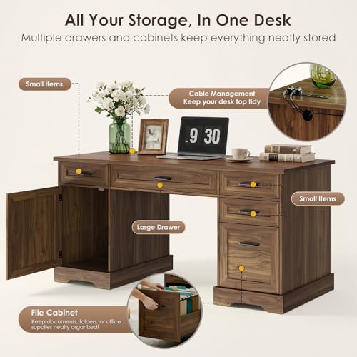 Farmhouse 59 Inch Executive Desk with Drawers, Walnut