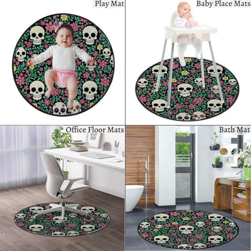 Dark Romantic Skull Round Gaming Chair Mat for Hardwood Floors, Gothic Nature Design Anti-Slip Office & Computer Desk Protector,Protect The Floor from Scratches, Green Diameter 59 in