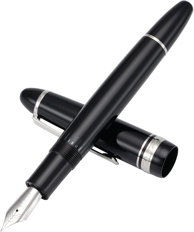 erofa Majohn P136 Piston Fountain Pen Medium Nib with Box, Black Resin Writing Pen Set
