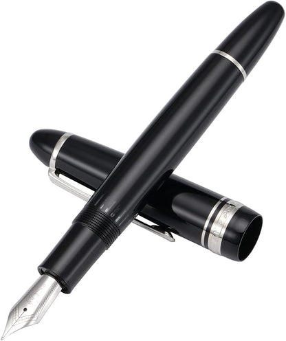erofa Majohn P136 Piston Fountain Pen Medium Nib with Box, Black Resin Writing Pen Set