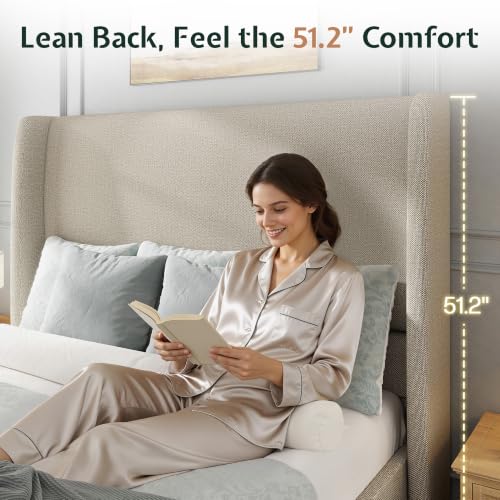 Queen Bed Frame Linen Upholstered Wingback Headboard, Brown