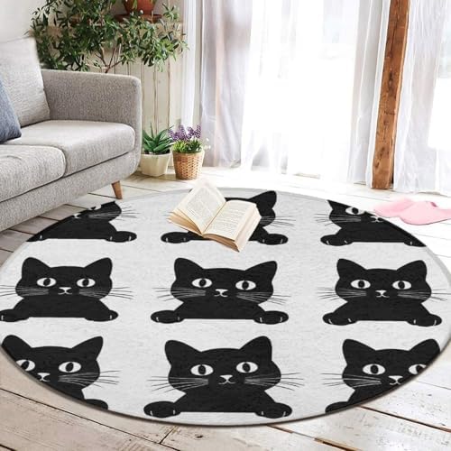 Large Machine Washable Circular Rugs, Home Decor Round Mat for Living Room Sofa Office Black Cat