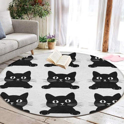 Large Machine Washable Circular Rugs, Home Decor Round Mat for Living Room Sofa Office Black Cat