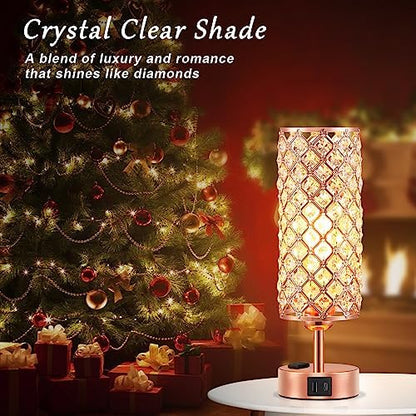Hong-in Rose Gold Lamp Set of 2, 3-Way Crystal Table Lamp Touch Control with USB-C+A & AC Ports, Dimmable Nightstand Desk Light, Pink Bedside Table Lamp for Bedroom(Bulb Included & Set of 2)