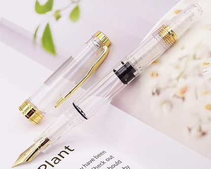 Lanxivi Yongsheng 3011 Demonstrator Clear Classical Fountain Pen Fine Nib Arrow Clip, Piston Filling System, Gold Trim, Set of 4 Pieces in transparent Color