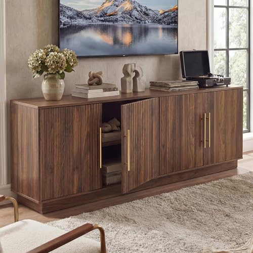 70" TV Stand for up to 80" TVs with 4 Fluted Doors, Natural Oak