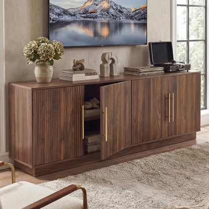 70" TV Stand for up to 80" TVs with 4 Fluted Doors, Natural Oak