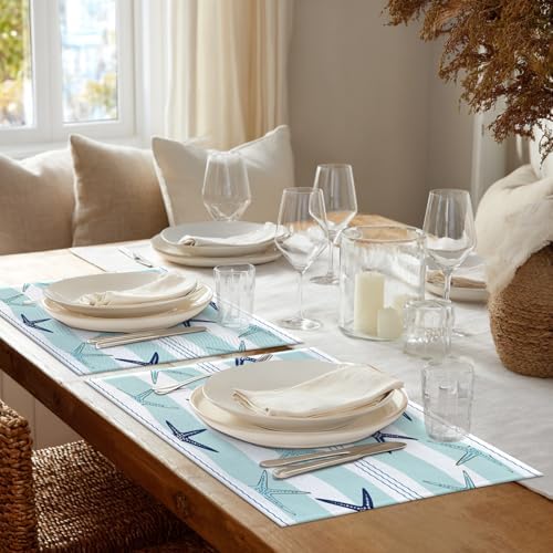 Shrahala Duotone Blue Nautical Starfish Placemats, Dark Blue Coastal Stripe Table Mat Linen Burlap Washable Double-Deck Heat Insulation for Dining Table Kitchen Table Set of 4 (12 x 18 inch)