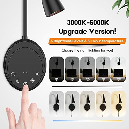 SANKEDOU Wall Mounted Reading Light, Bedside Headboard Lights with 5 Dimming & Color Temperature, USB Output, Night Light & Timers Function, Flexible Gooseneck 3000K-6000K Upgrade Bed Lamp (Black)