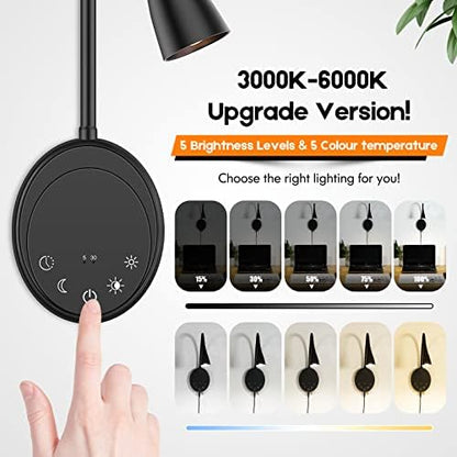 SANKEDOU Wall Mounted Reading Light, Bedside Headboard Lights with 5 Dimming & Color Temperature, USB Output, Night Light & Timers Function, Flexible Gooseneck 3000K-6000K Upgrade Bed Lamp (Black)