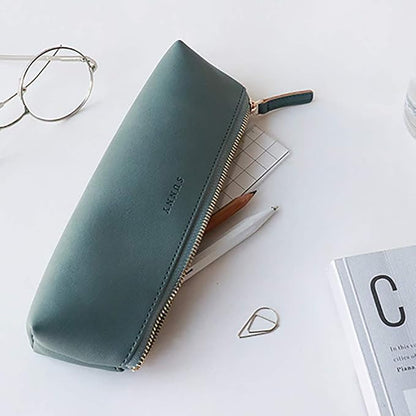 Doraking pen Case Cosmetic Makeup bag, stationery pouch PU Leather Small Pencil Pouch Students Zipper Bag for Pens, Pencils, Markers (Dark Green)