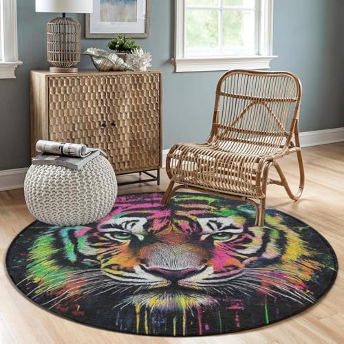 Large Round Area Rug Home Decor Modern Bathroom Rug Kitchen Office Circle Rug for Living Room Sofa Circle Cute Mat Colorful Tiger, 60inch