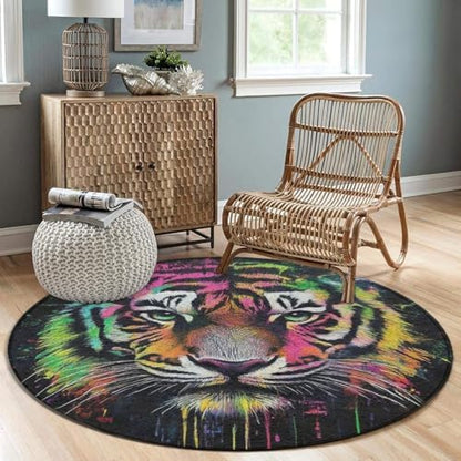 Large Round Area Rug Home Decor Modern Bathroom Rug Kitchen Office Circle Rug for Living Room Sofa Circle Cute Mat Colorful Tiger, 60inch
