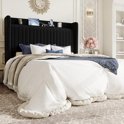 Queen Size Velvet Bed Frame with Shelf, Charging Station, Black