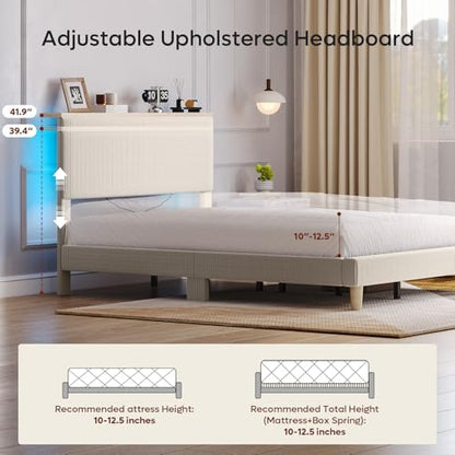Queen Bed Frame with Storage Headboard & LED, Upholstered, Beige