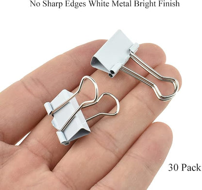 HAHIYO Binder Clips Paper Clamps Spring Steel Sturdy Small 0.75 inches Width 0.2 Inch Capacity No Sharp Edges Heavy Duty Tight Grip Reusable White Metal Bright Finish for Home Office School 30 Pack