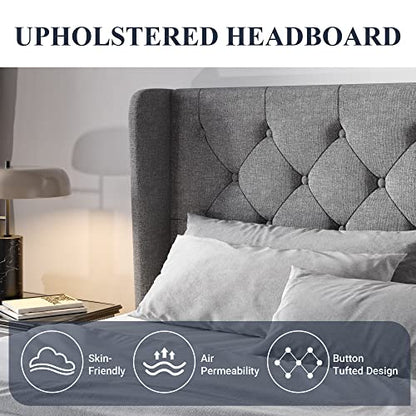Queen Bed Frame with Button Tufted Wingback Headboard, Light Grey