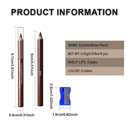 6Pcs Brown Eyebrow Pencils for Women, Wooden Hard-Core Eyebrow and Eyeliner Pencil, Long Lasting Waterproof and Sweat-Proof, Beginner Makeup Brow Pencil With Pencil Sharpener (Brown, 6Pcs)