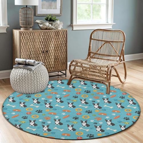 Soft Round Yoga Carpet, Large Home Decor Mat, Non Slip Machine Washable Kitchen Office Circle Rug Boston Terrier Dogs, 36inch