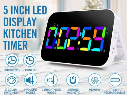 Kitchen Digital RGB Timer, Count Down Up, Rechargeable, Vibration Mode Adjustable Volume and Brightness LED Display, Time Management Cook, Desk, Kids Adults Study Teaching, Kitchen Gadgets