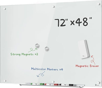 TOWON 6 x 4ft Glass Whiteboard Wall – Magnetic White Dry Erase Board (72 x 48 inches) with Multi-Color Markers, Strong Magnets, Pen Tray & Eraser – Frameless Design for Office, Home & Classroom