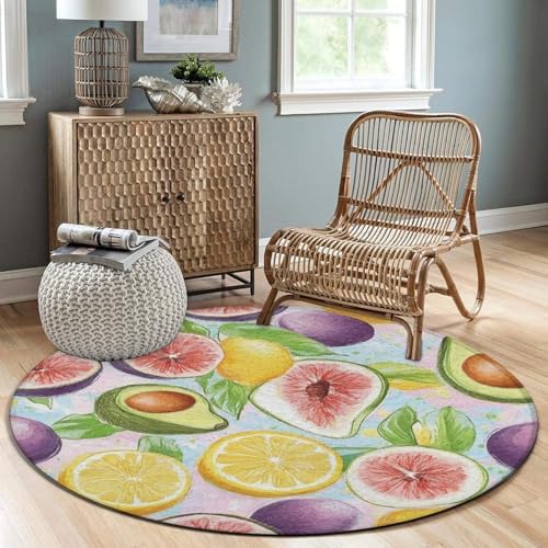 Room Sofa Yoga Soft Round Carpet, Home Decor Non Slip Kitchen Office Circle Rug, Machine Washable Modern Round Area Rug Different Fruits Summer Ornament Art, 24inch