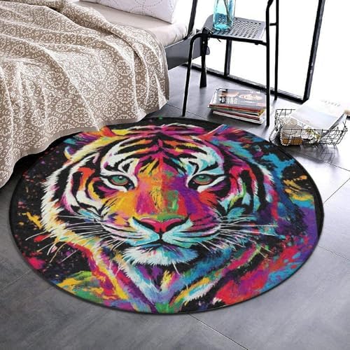 Machine Washable Modern Round Area Rug, Room Sofa Yoga Soft Round Carpet, Home Decor Non Slip Kitchen Office Circle Rug Colorful Splash Ink King of Tiger Art, 60inch