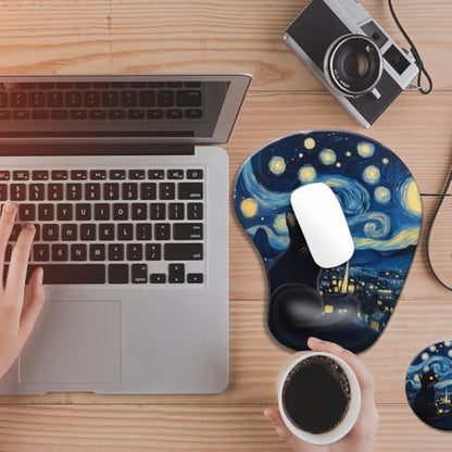 Ergonomic Mouse Pad with Wrist Rest,Comfortable Computer Gel Mouse Pad Wrist Support for Laptop,Pain Relief Mousepad with Non-Slip PU Base Starry Night Black Cat