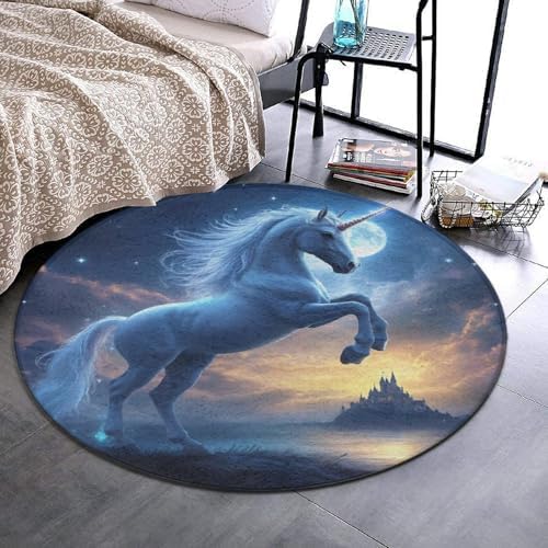Women's Large Home Decor Mat, Soft Round Yoga Carpet, Non Slip Machine Washable Home Office Circle Rug Unicorns